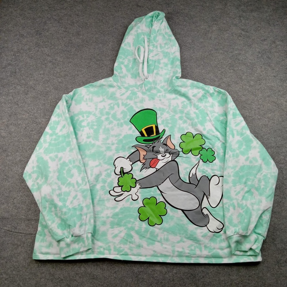 Tom And Jerry Hoodie Mens XL Green Tie Dye Fleece Pullover Sweatshirt St Patrick